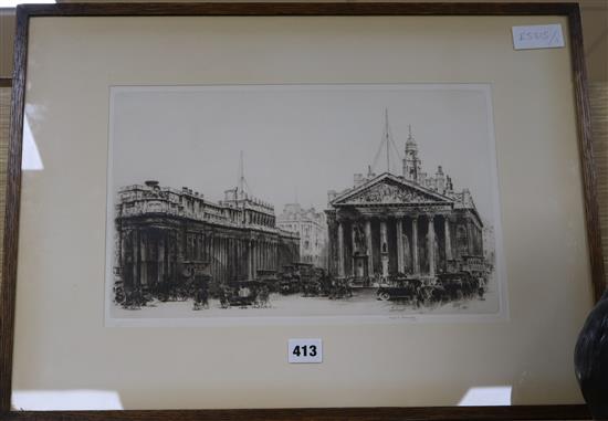 Fred Farrell, etching, Threadneedle Street, signed, 23 x 36cm